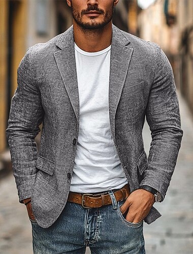  Voor heren Linnen blazer Blazerjack Casual liiketoiminta Werk Vintage Neutrale Lente Herfst Linnen / katoenmix Effen Kleur Enkele rij knopen Blazer blauw Grijs