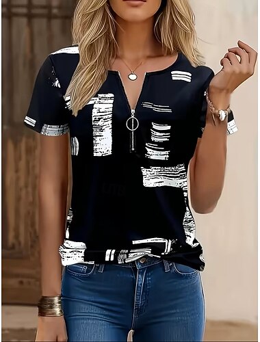  Women's T Shirt Zipper Quarter Zip Graphic Geometric Color Block Tropical Hawaiian Stylish Short Sleeve Crew Neck V Neck Regular Tops Daily Sports Going out Black and White Black Rainbow Summer Spring