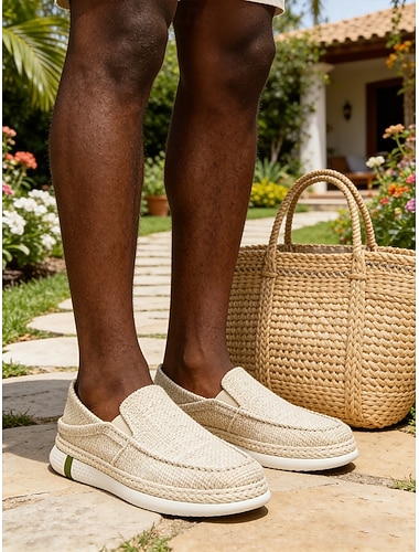  Beige canvas instappers voor heren, lichtgewicht en ademend bovenwerk, comfortabele outdoorschoenen voor op reis en dagelijks gebruik.