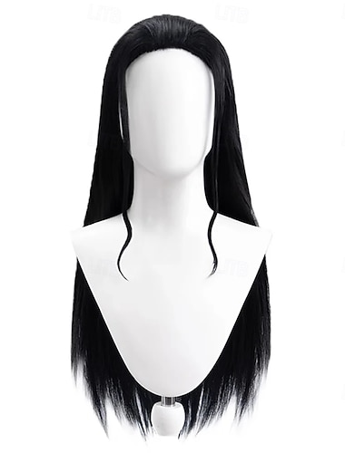  Peruca longa preta de aventureira do oceano com mechas onduladas na frente para festa de cosplay.