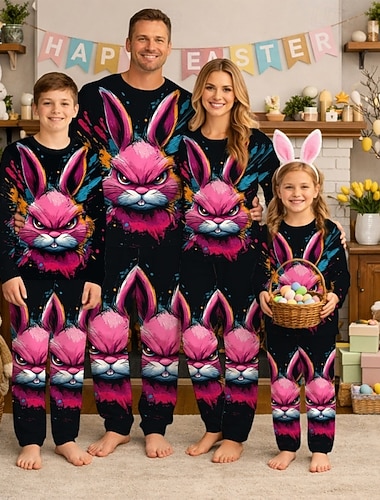  Семейный вид Пасха Пижамы Графика Кролик Повседневные С принтом Розовый Длинный рукав Отпуск Подходящие наряды
