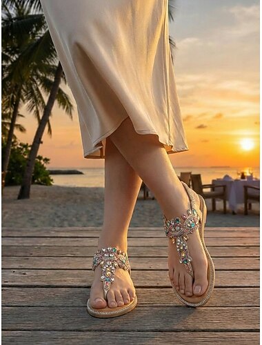  Versierde platte sandalen met T-bandje voor dames - elegante avondschoenen voor vakantiediners