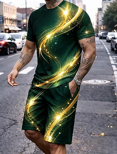  Herre Geometrisk 2stk T-skjorter sett Sommertopper Kortermet Korte bukser Crew-hals Fritid hverdag Feriereise Sport Ut på byen 3D-utskrift Sommer Blå Rød Gull