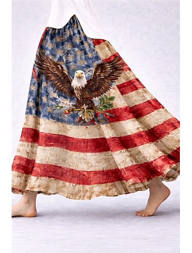  Damen-Urlaubsrock zum 250. Unabhängigkeitstag, modisch, lässig, Maxirock mit hohem Bund, Grafikprint mit Taschen, Mikro-Elastik, blau-rot, Frühlingsform, 95 % Polyester, 5 % Elasthan