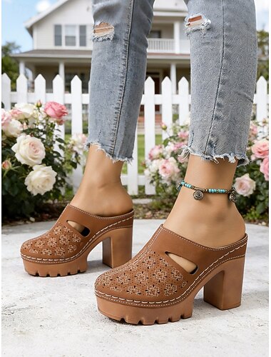  Bruine muiltjes met uitgesneden hak en plateauzool voor dames – zomerse schoenen met dikke hak voor casual gelegenheden, tuinfeestjes en dagelijks gebruik.
