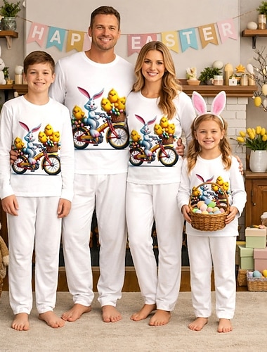 Familie Ostern Schlafanzug Grafik Hase Lässig Druck Weiß Langarm Urlaub Passende Outfits