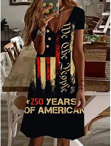  Amerikanischer Unabhängigkeitstag Damen Minikleid Sommerkleid T-Shirt-Kleid A Linie Kleid Urlaub Lässig Boho Strand Normale Passform Grafik Flagge Kurzarm V Ausschnitt Schwarz Sommer Frühling