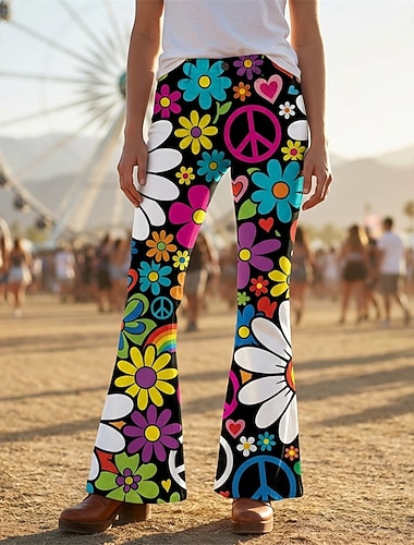  Rétro Vintage Boho Années 1970 Pantalon Pantalons à pattes d'éléphant Hippie Disco Taille haute Fleuri Symboles de paix Déguisement Femmes Halloween Carnaval Festival de Musique Soirée à thème rétro