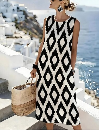  Γυναικεία Μίντι φόρεμα Φόρεμα ριχτό Φόρεμα για τον ήλιο Φόρεμα σε γραμμή Α Διακοπές Καθημερινό Μπόχο Παραλία Εξόδου Χαλαρή Εφαρμογή Γραφική Γεωμετρικό Αμάνικο Λαιμόκοψη