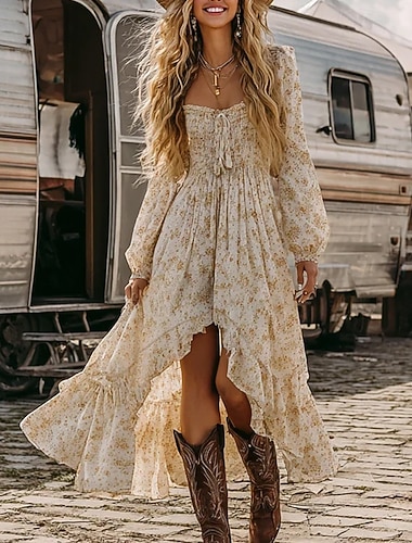  Bohème Rétro Vintage Boho Robe Manches longues Hippie Disco Fleuri Bohème Déguisement Femmes Mascarade Festival de Musique Soirée à thème rétro Adulte Robe