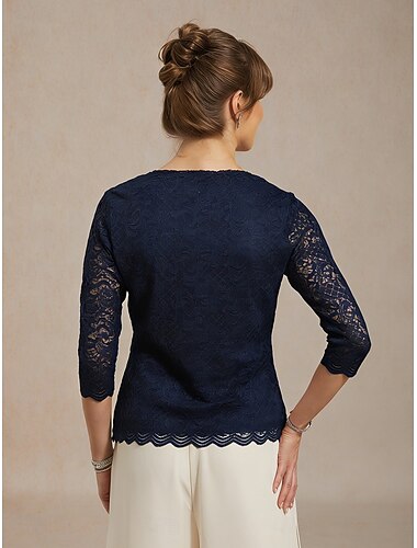  Dames Kanten overhemd Blouse Kant Effen Kleur Elegant Stijlvol 3/4 mouw V-hals Normale tops Dagelijks Werk Marineblauw Zomer Lente Herfst