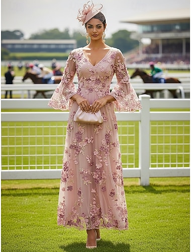  A-linje Kjoler Ankellengde Maxikjole Festkjole Cocktail Kjole Kjole til brudens mor Langermet V-hals Elegant Årgang Luksuriøs Formell Bryllupsgjest Kentucky Derby Chiffon Tyll med 3D-blomster Broderi