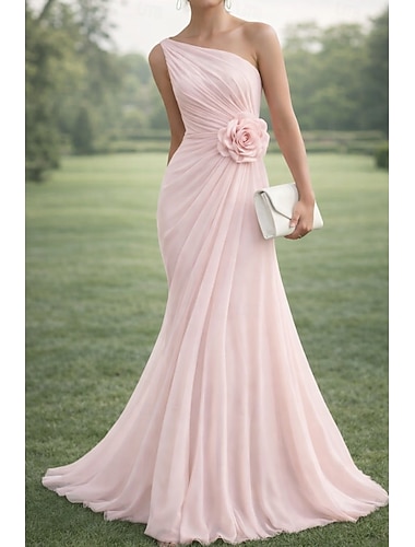  A-Linie Bodenlang Abendkleid Ballkleid Elegant Mutter der Braut Ärmellos Ein-Schulter Hochzeit Formell Chiffon mit Gestickte Blume Falten Gerafft