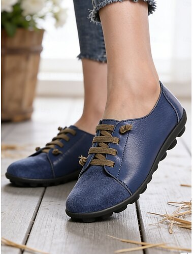  Donkerblauwe damesloafers van echt leer met elastische band – zachte rubberen zool, casual instapschoenen voor dagelijks gebruik en reizen.
