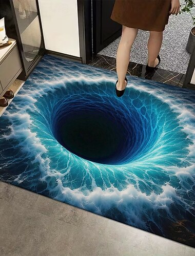  Fußmatte mit schwarzem Loch-Wirbel, 3D-optische Illusion, 2D-Flachdruck, Ozeanwellen-Design, langlebig und rutschfest, perfekt für Eingangsbereiche