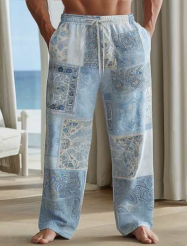  Herren Farbblock Patchwork Komplizierte Blumen Hose Freizeithose Baggy-Hosen Mittlere Taille Boho Heim Outdoor Urlaub Elastischer Kordelzug in der Taille Leinenähnliche Hose mit Taschen Sommer