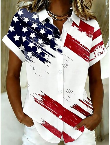  Americký den nezávislosti Dámské Košile Grafika Vlajka Vinobraní stylové Na běžné nošení Bez rukávů Krátký rukáv Košilový límec Běžné topy Denní Vodní modrá Bílá Světle modrá Léto Jaro