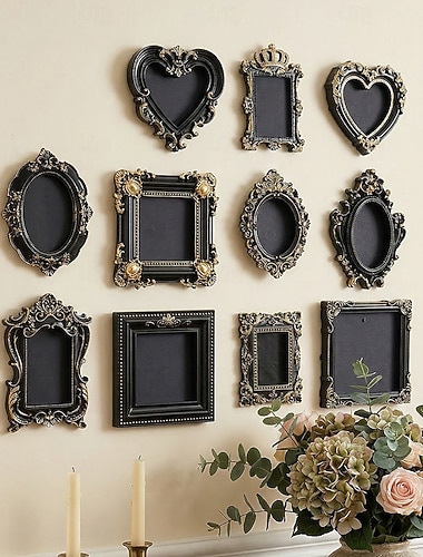  Vintage-Wanddekorrahmen aus schwarzem und goldenem Kunstharz, DIY-Hänge-Fotorahmen für die Wanddekoration zu Hause, Partys, Feste, Familienfotos und als Fotorequisite.
