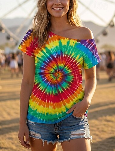  Retro Vintage Anos 80 Japonesa/Curta Assimétrico Mangas curtas Hippie Discoteca Impressão Tie Dye Fantasia Mulheres Dia Das Bruxas Carnaval Festival de Música Festa Temática Retro Adulto Camiseta