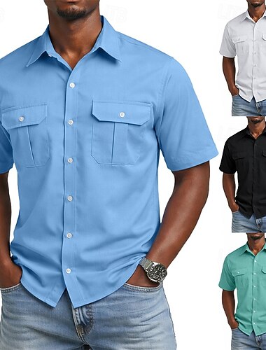  Voor heren Overhemd Normaal shirt Overhemd met knopen Cargoshirt blauw Zwart Wit Geel Groen Korte mouw Effen Overhemdkraag Casual Dagelijks Voorvak Kleding Elegant Modieus Casual