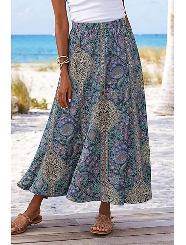  Damen Urlaubsrock Elegant Bohemien Vintage Lässig Maxi Hohe Taille Röcke Blumen Grafik Paisley-Muster Tasche Druck Unelastisch Täglich Strand Blau Marineblau Rote Sommer 95 % Polyester, 5 % Elastan