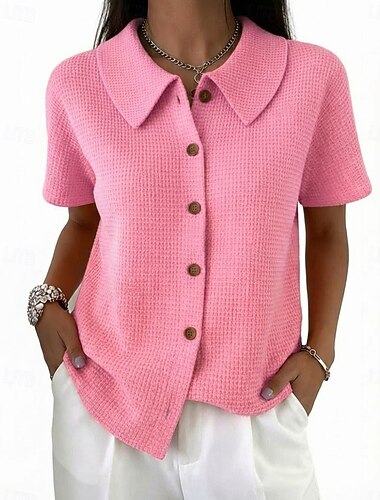  Dames Wafel Shirt Knop Effen Vintage Stijlvol Klassiek Mouwloos Korte mouw Strijkijzer Overhemdkraag Normale tops Dagelijks blauw Zwart Wit Blozend Roze Oranje Zomer Lente