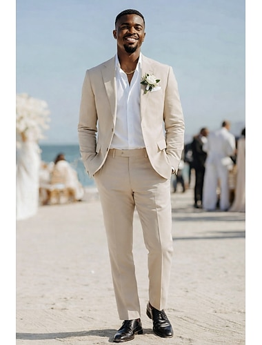  Heren Linnen pakken Strand bruiloft Wit Hemelsblauw Lente zomer Pak Ingesneden revers Casual Formeel Effen Strak 2-delige set Enkele rij knopen met twee knopen