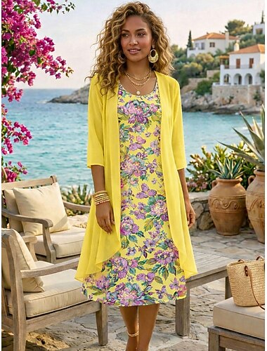  Damen Kleid-Set A Linie Kleid Elegant Urlaub Blumen Grafik Geschichtet Druck Midikleid Halbarm Rundhalsausschnitt Täglich Urlaub Blau Gelb Purpur Sommer Frühling Normale Passform
