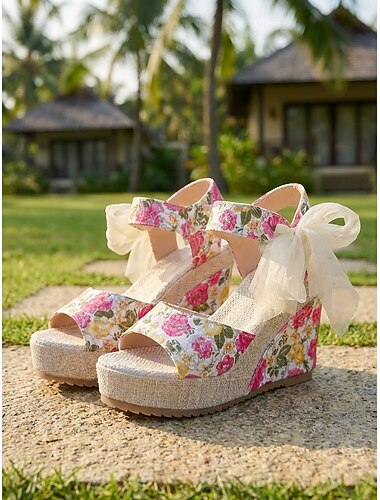  Levendige roze espadrilles met bloemenprint en sleehak voor dames - comfortabele platformhakken met strikbandje rond de enkel, ideaal voor buitenactiviteiten in resorts en tropische vakanties.