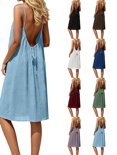  abito da donna in finto cotone e lino, lunghezza al ginocchio, prendisole, abito casual, abito sottoveste, moda, basic, moderno, quotidiano, vacanza, uscita, vestibilità ampia, tinta unita, senza