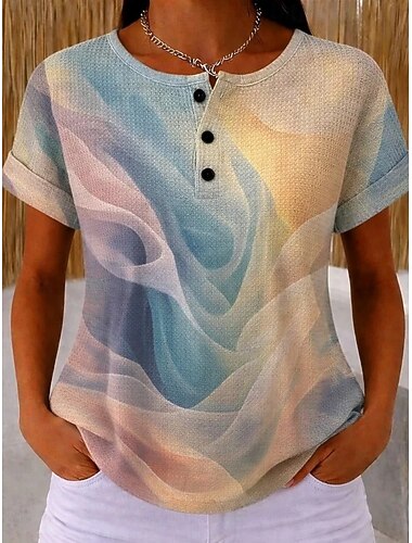  Top Waffle Tessuto a Maglia da Donna T Shirt Ombre Grafica Geometria Elegante Classico Maniche Corte Girocollo Henley Lunga Top Quotidiani Sport Blu Bianco-Blu Arcobaleno Estate Primavera Autunno