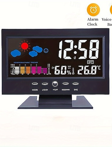  intelligent multifunksjonell stemmestyrt digital værklokke med bakgrunnsbelysning, temperatur- og fuktighetsmåling, værmelding, elektronisk klokke og vekkerklokke