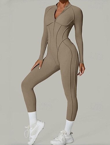  Mulheres Macacão de treino Pijama Macacão Zíper Côr Sólida Body Primavera Outono Arroz Branco Rosa Treino de Ginástica Ginástica Ioga Esticar Respirável Manga Longa Esporte Roupas Esportivas Com