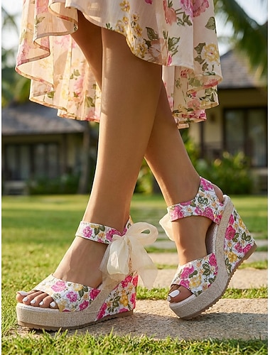  Sandales compensées à fleurs rose vif pour femmes - espadrilles confortables à plateforme avec bride à nœud à la cheville, idéales pour les séjours en plein air et les vacances tropicales. &mariages