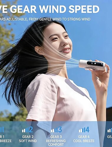  Turbo håndholdt vifte, 5-trinns bærbar minivifte med LED-batteriindikator, inkluderer midjeklemme og lommelyktfunksjon, type-C-lading, ideell for reiser, utendørs bruk og julegaver