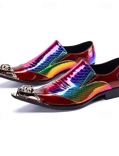  Herrskor i regnbågsfärgat metalliskt läder med ormmönster och spetsig tå – exklusiva skor för modevisningar och exklusiva fester