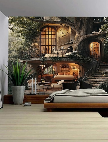  Moderner Wandteppich mit Waldlandschaft, Digitaldruck, Holzleiter, malerisches Wandbild für Schlafzimmer, Wohnzimmer, Studentenwohnheim, Heimdekoration, Fotohintergrund