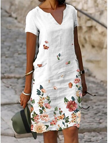  Mulheres Vestido no Joelho Vestido casual Vestido floral Elegante Moda Moderno Ao ar livre Férias Para Noite Normal Floral Manga Curta Decote V Branco Verde Cinzento Verão Primavera