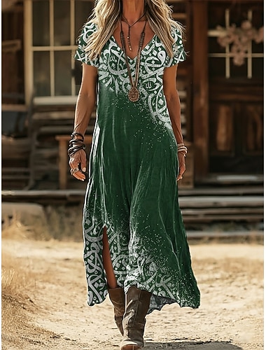  Damen Maxikleid Boho-Kleid Freizeitkleid A Linie Kleid Druckkleid Vintage Outdoor Urlaub Wochenende Lässiger Schnitt Grafik Kurzarm V Ausschnitt Schwarz Gelb Hellgrün Rosa Sommer Frühling