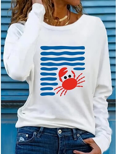  Dame T skjorte Trykt mønster Grafisk Geometrisk hav Mote Stilfull Klassisk Langermet Crew-hals Vanlige topper Daglig Helg Blå Svart Hvit Rosa Sommer Vår Høst