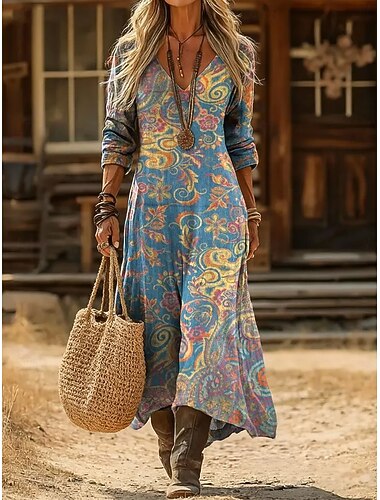  Naisten Maksimekko Boho-mekko Vintage mekko Rento mekko Vintage Päivittäin ulko- Loma Normaali Kukka Paisley-kuvio Pitkähihainen V kaula-aukko Sininen Purppura Apila Kevät Syksy