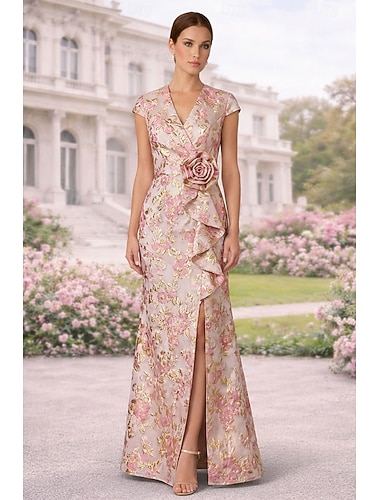  בתולת ים  חצוצרה מעטפת עמוד עד הריצפה שמלות ערב אלגנטית שמלות חצי פורמליות שרוולים קצרים צווארון V מסיבת חצר חתונה ג'אקרד עם פרחים תלת-ממדיים קפלים