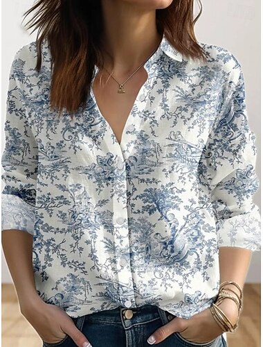  בגדי ריקוד נשים חולצה כפתורים דפוס גיאומטרי פעיל יומי מסוגנן שרוול ארוך צווארון חולצה חולצות רגילות יומי חגים לבן כתום קיץ אביב