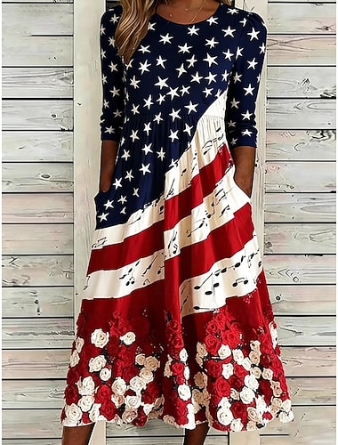  Amerikanischer Unabhängigkeitstag Damen Midikleid Shiftkleid Urlaub Party Lässig Täglich Sommerkleid Frühlingskleid Normale Passform Amerikanische Flagge Dreiviertelarm Rundhalsausschnitt Rote Sommer