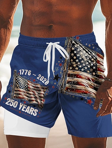  Herren 250. Jahrestag des Unabhängigkeitstages der USA am 4. Juli US Flagge Gefütterte Shorts 2 in 1 Badeshorts Badeshorts Mittlere Taille Patriotisch Ferien Seitentaschen Mit Kompressionsfutter