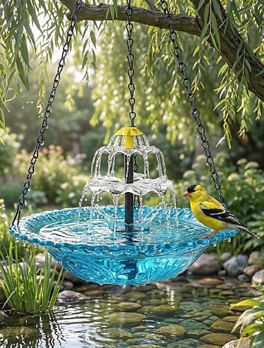  Fontana per uccelli a cascata solare sospesa, fontana galleggiante da giardino per esterni, mangiatoia per uccelli sospesa, vasca per uccelli a cascata alimentata a energia solare per patio, cortile,