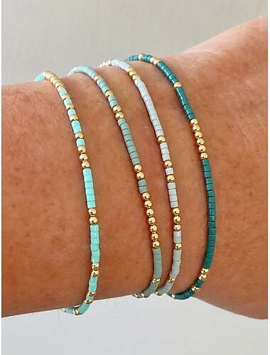  Sett med elastiske perlearmbånd i bohemsk stil for kvinner, 4 armbånd, perledesign med gulldetaljer, perfekt for strandferier og hverdagsbruk.
