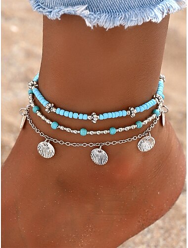  Dameankelkjedesett i bohemsk stil i legering, flerfarget, skallanheng, ideelt for daglig bruk, ferie og reise