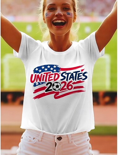  Weltfußballspiel 2026 Damen T-Shirt Print Grafik Buchstabe Stilvoll Klassisch Freizeit Kurzarm Rundhals Lange Oberteile Tägliche Blau Weiß Grün Sommer Frühling