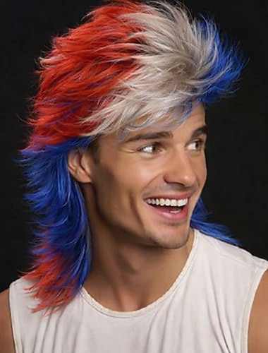  Perruque de supporter de football USA 2026 - Mullet patriote rouge blanc et bleu